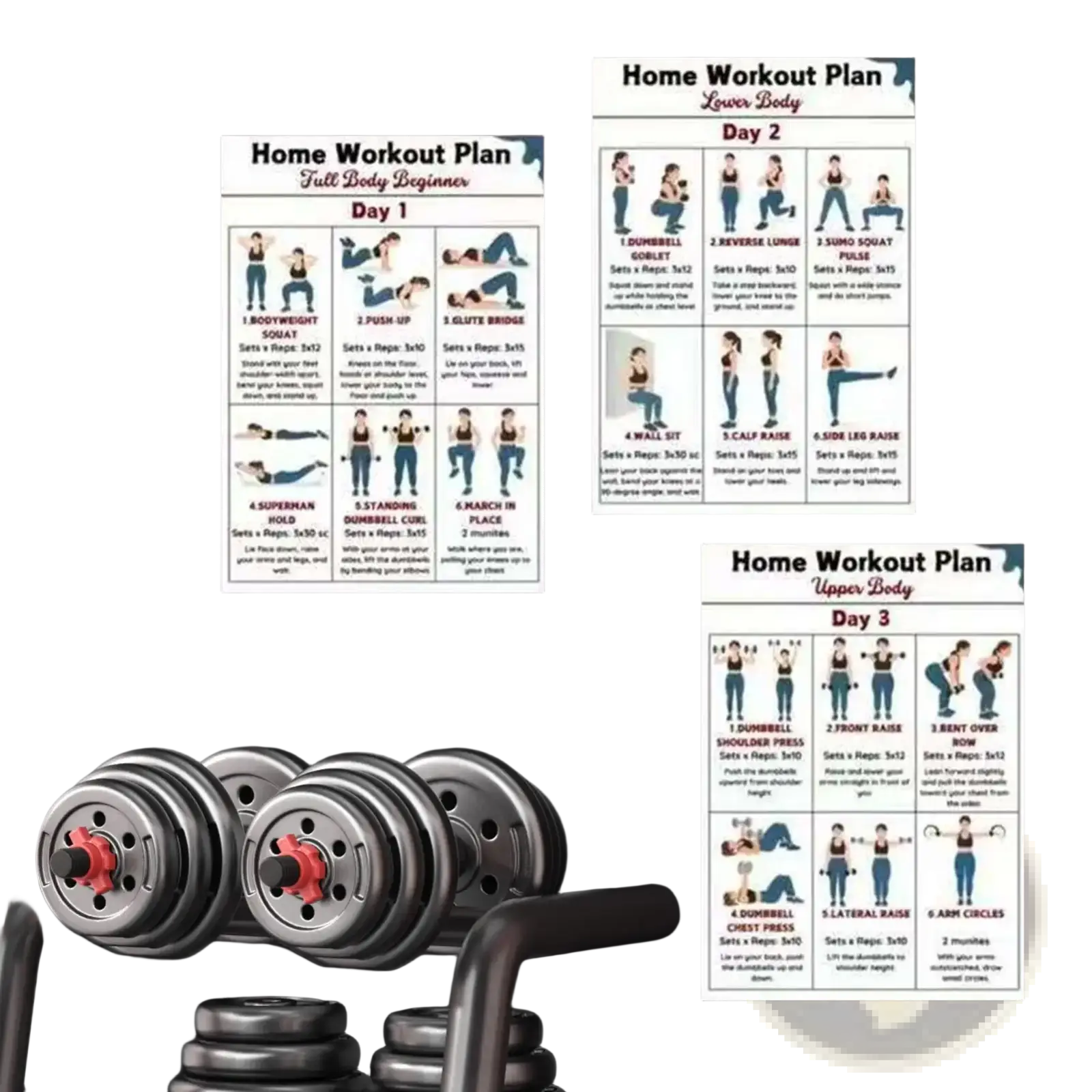Dumbbell workout poster set 6 pieces featuring black and red dumbbells with metallic finishes for strength training