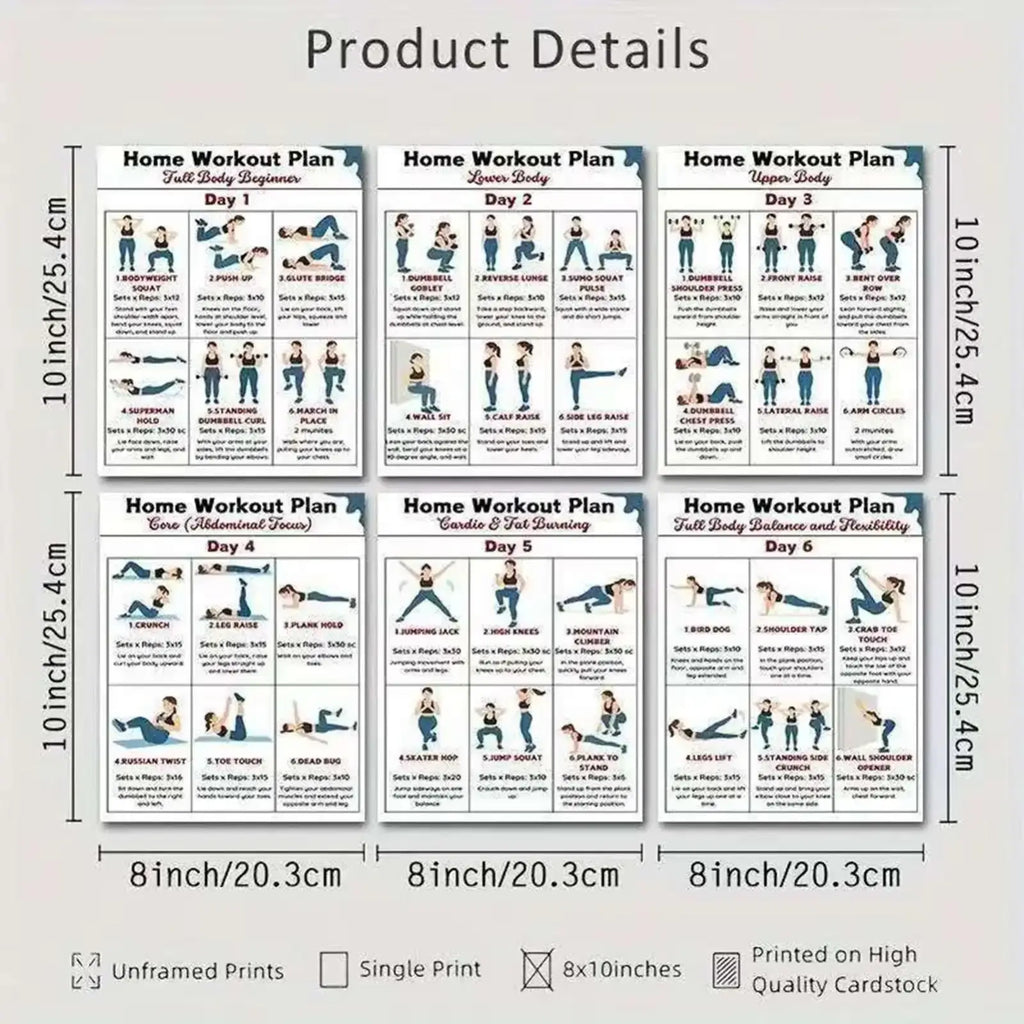 Set of eight unframed dumbbell workout posters on high-quality cardstock detailing daily exercise routines