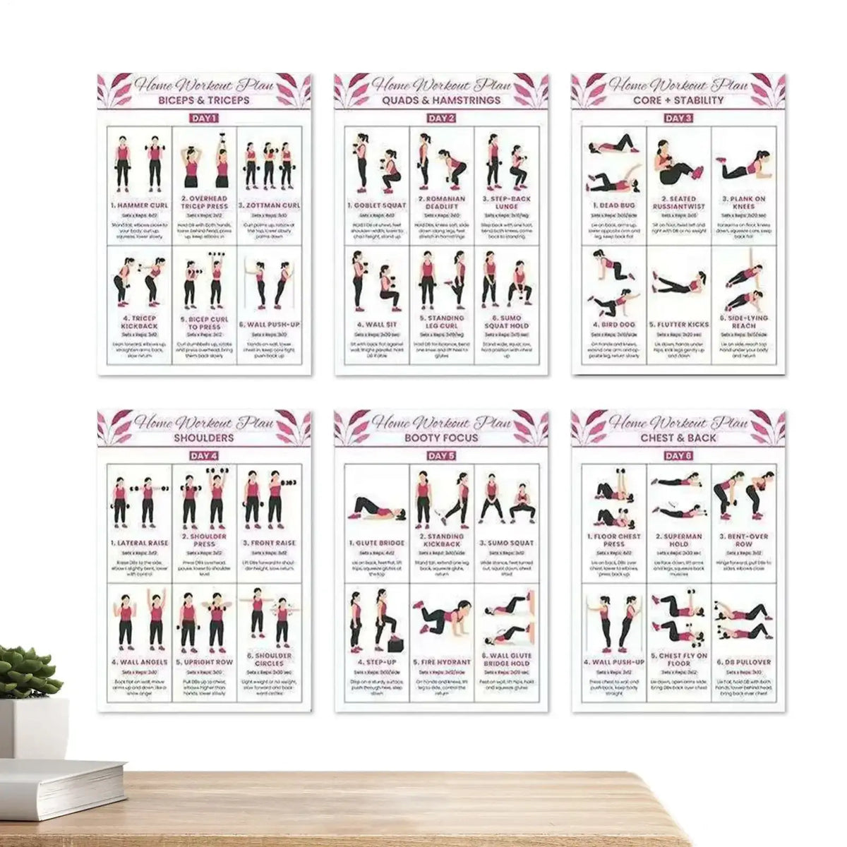 Set of six dumbbell workout posters with illustrated exercises on white paper featuring pink floral accents