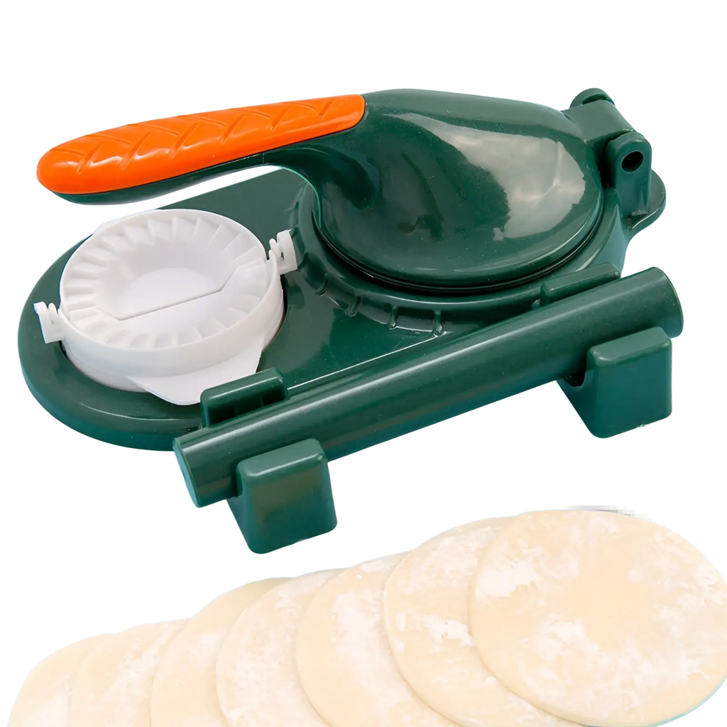 Dumpling maker 3 in 1 manual dough pressing tool with green plastic body, orange handle, and white circular mold