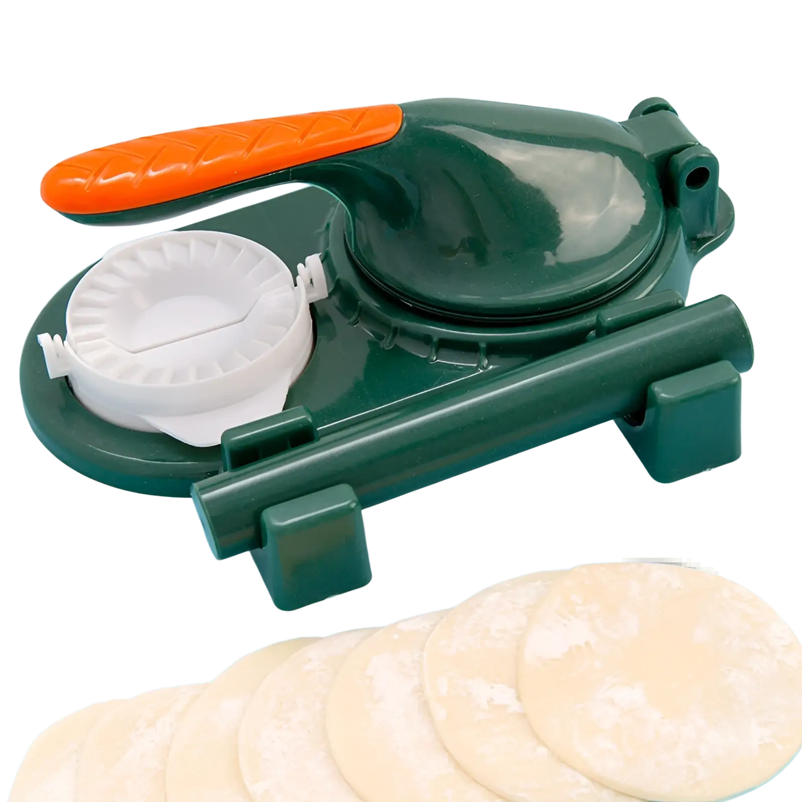 Dumpling maker 3 in 1 manual dough pressing tool with green plastic body, orange handle, and white circular mold