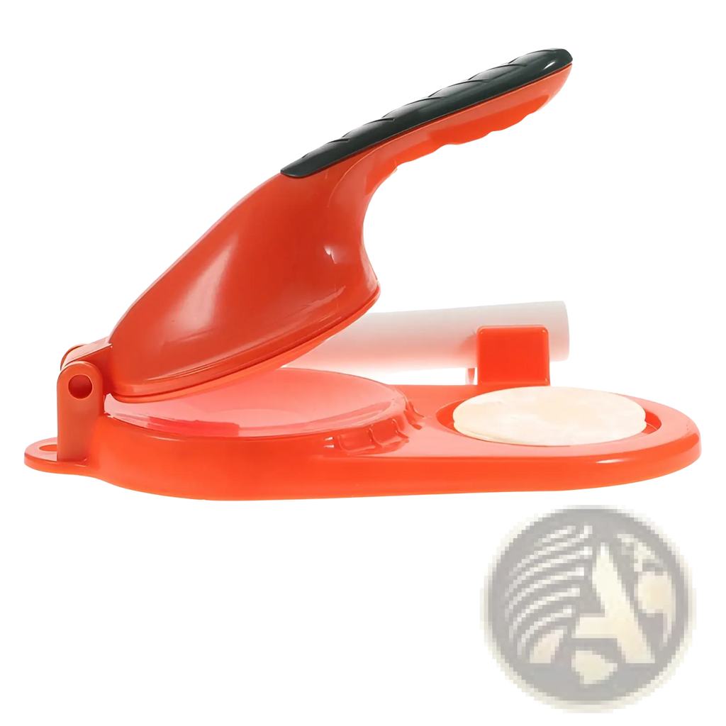 Bright orange plastic dumpling maker with black textured handle and white rolling pin for manual dough pressing tool