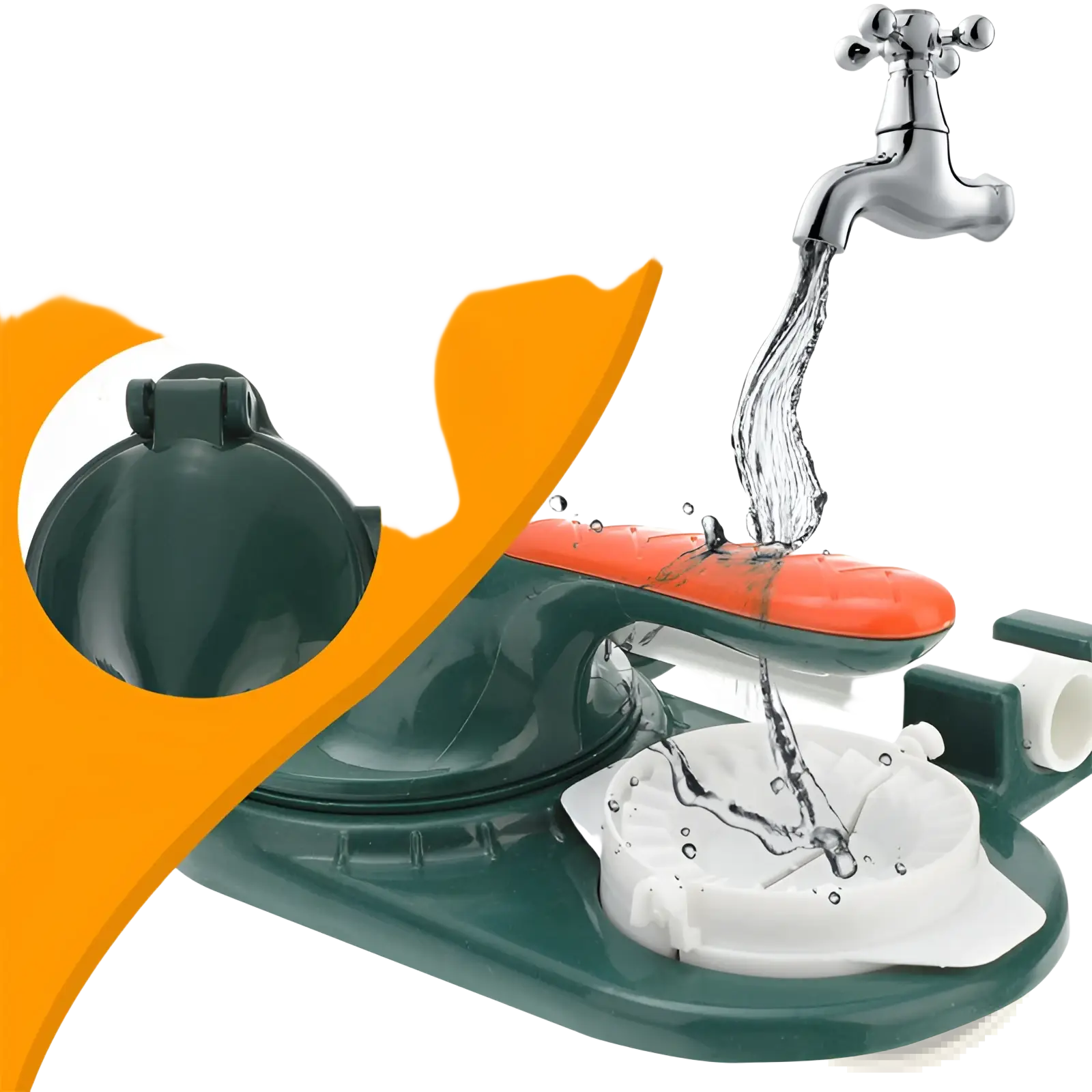 Green and orange plastic garden hose connector with white internal components for dumpling maker 3 in 1 manual tool