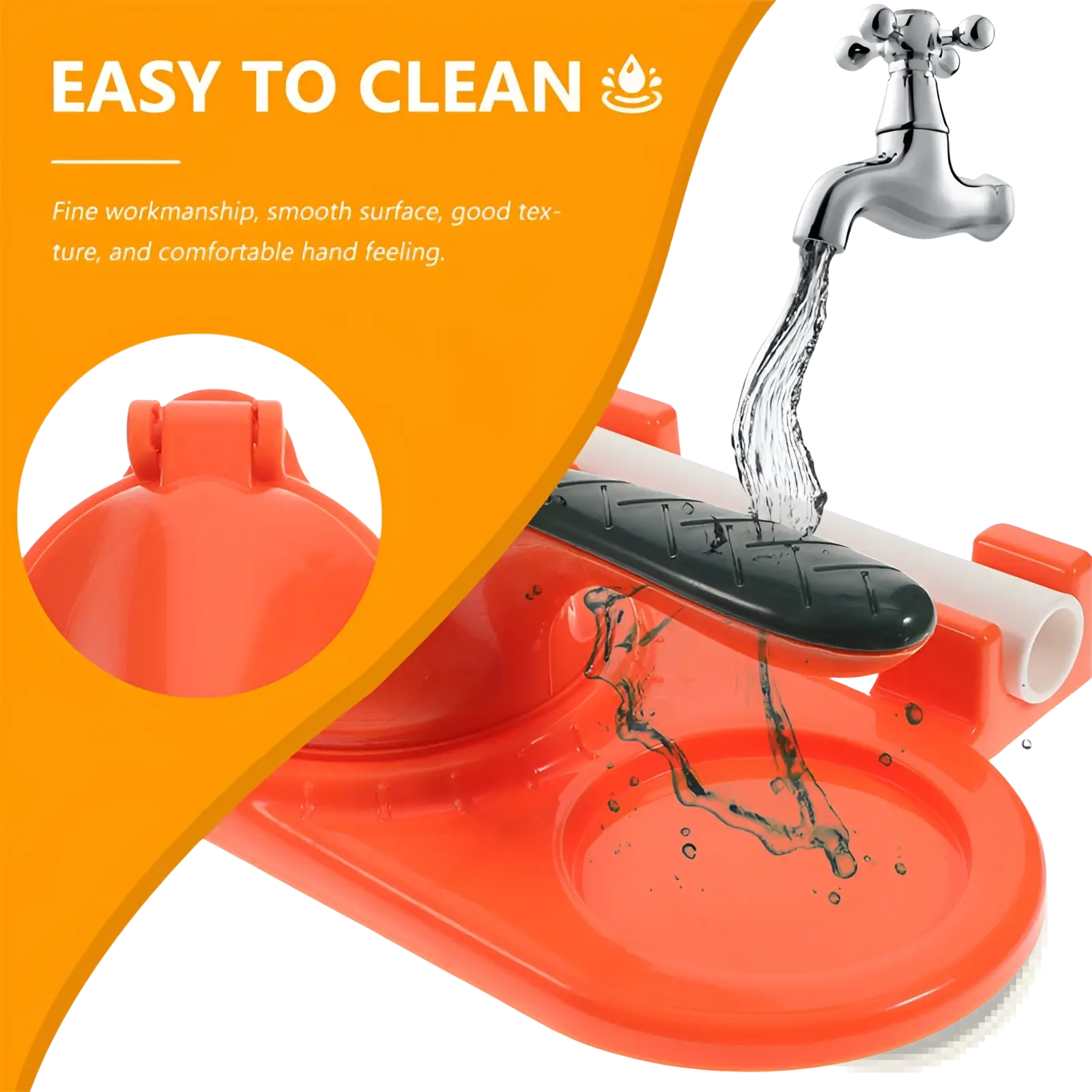 Bright orange plastic dumpling maker 3 in 1 manual dough pressing tool with black textured bar and white pipe for easy cleaning