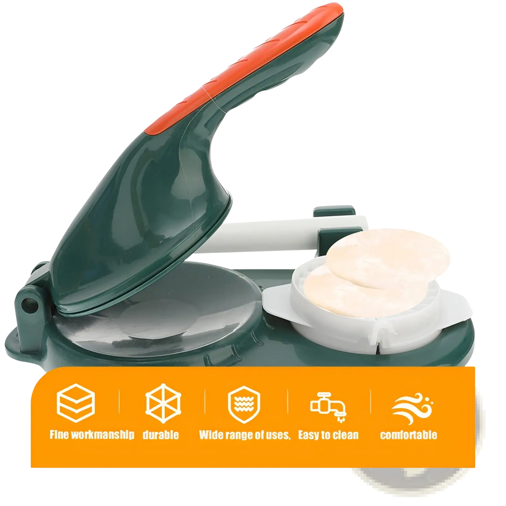 Dumpling maker 3 in 1 manual dough pressing tool with green and orange sturdy handle and clear plastic components