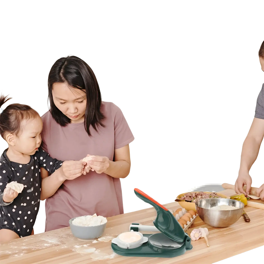 Green and red manual dumpling maker 3 in 1 dough pressing tool on wooden countertop for home use