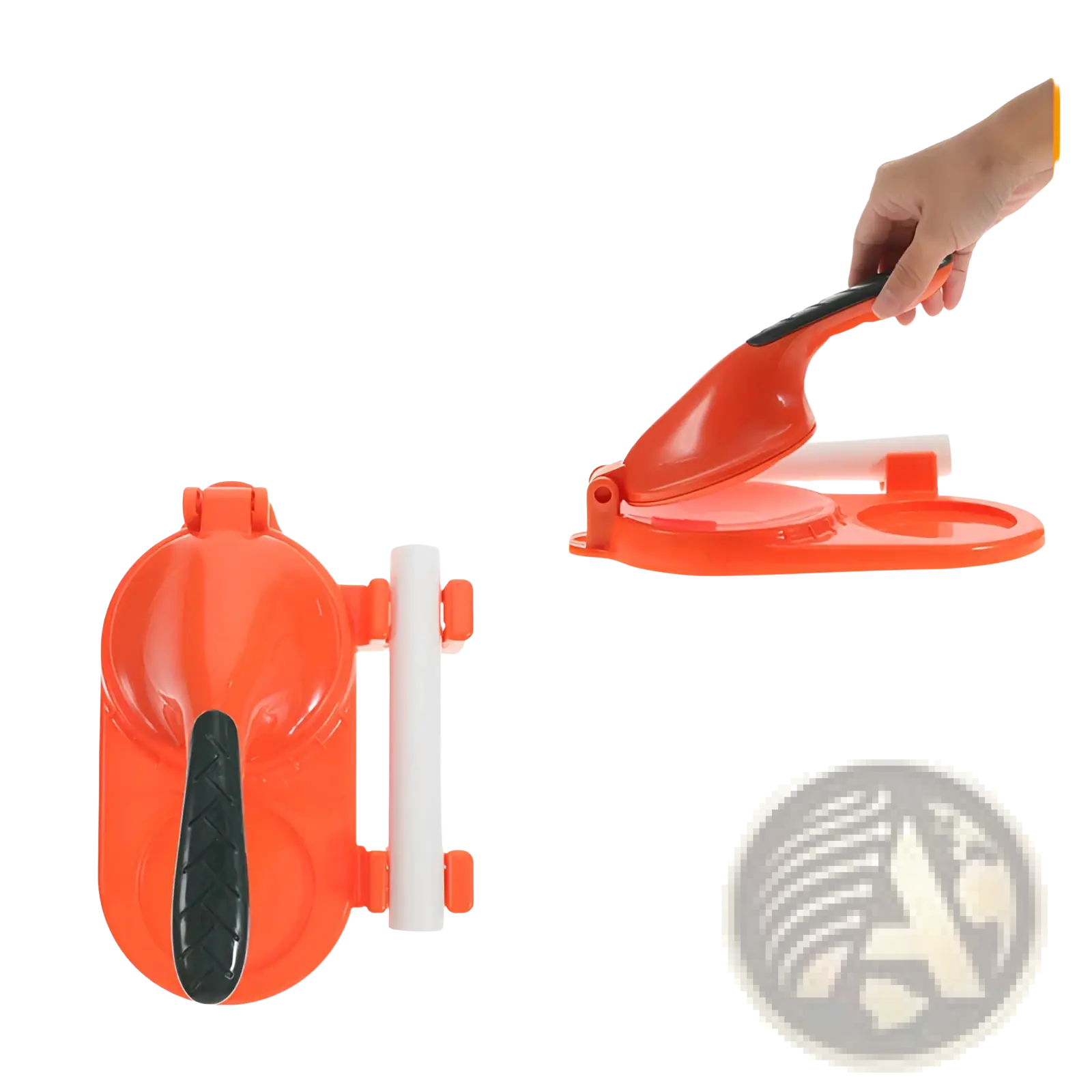 Bright orange plastic dumpling maker 3 in 1 manual dough pressing tool with black textured handle and white central rod