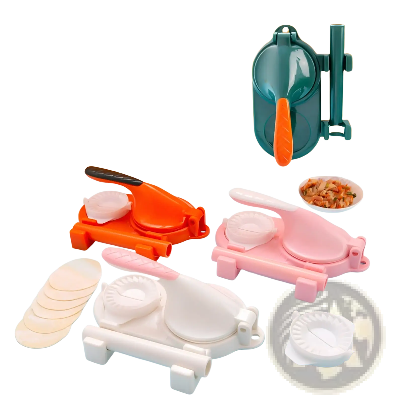 Dumpling maker 3 in 1 manual dough pressing tool with orange pink and white plastic models for shaping dumplings