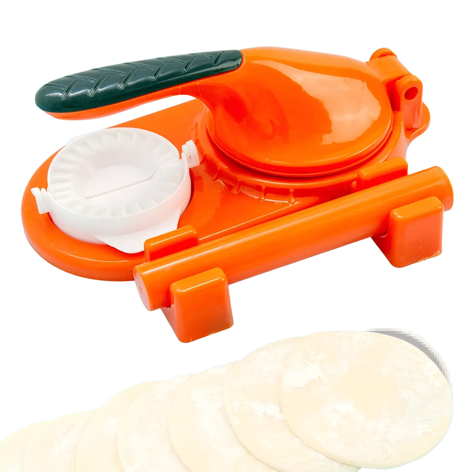 Bright orange plastic dumpling maker 3 in 1 manual dough pressing tool with black handle and white circular mold with dough circles