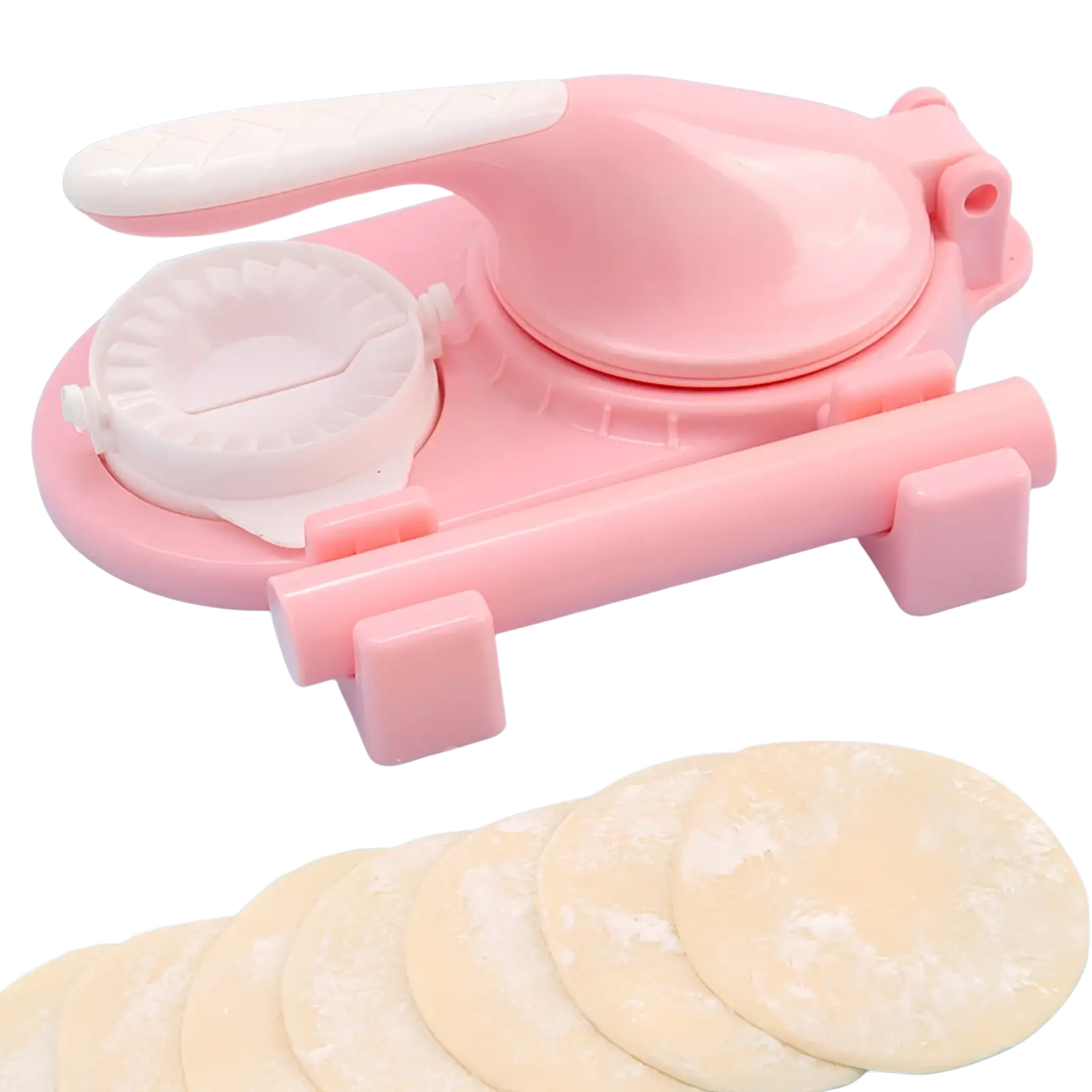 Pink plastic dumpling maker 3 in 1 manual dough pressing tool with white handle and circular stamp for easy use