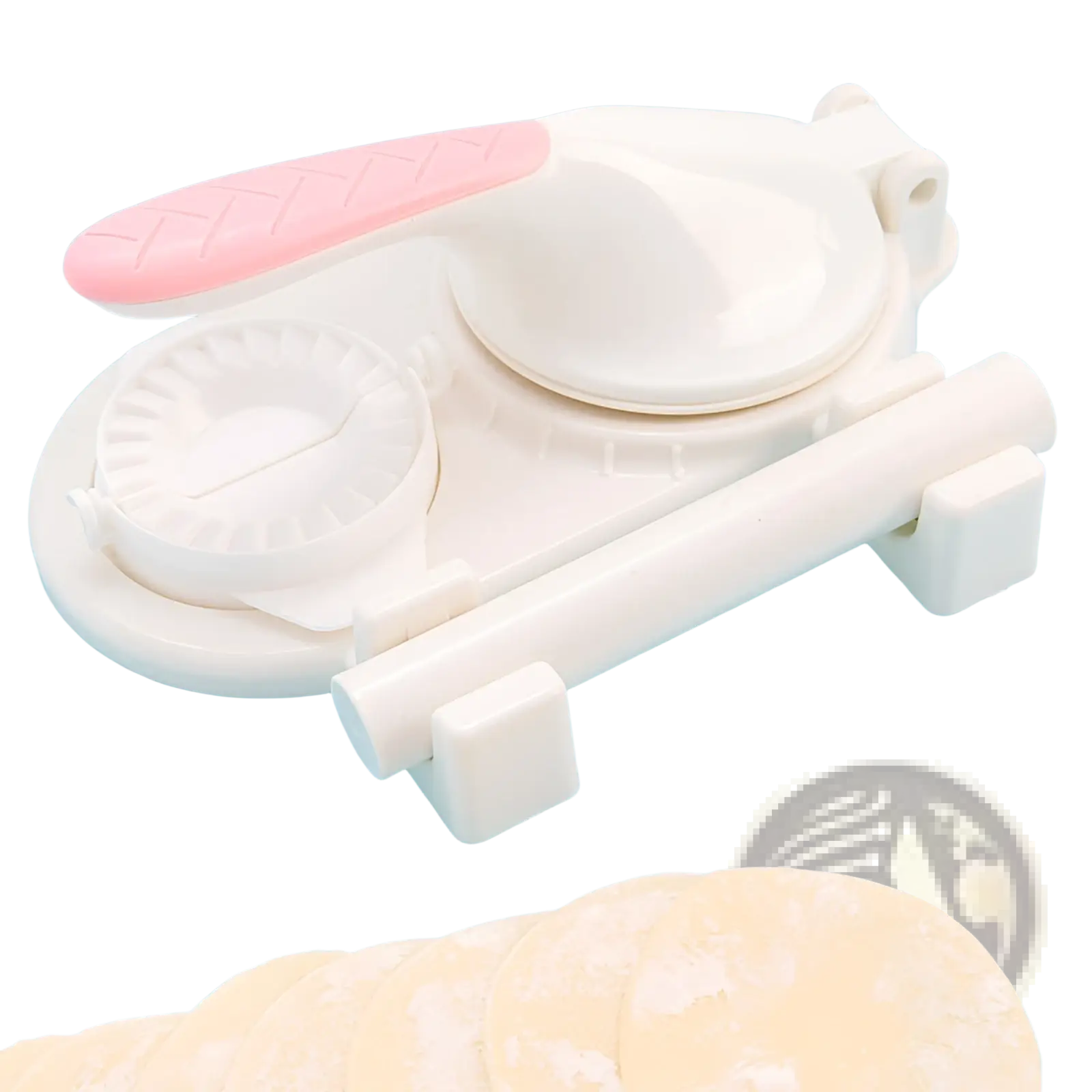 White plastic dumpling maker 3 in 1 manual dough pressing tool with pink handle and circular stamping mold