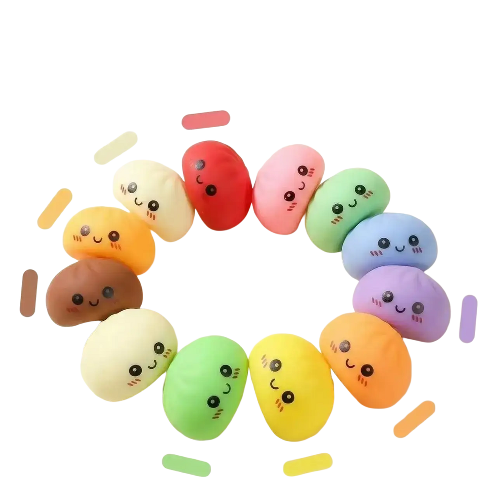 A collection of 12 vibrant soft silicone dumpling squishies stress balls in assorted colors for stress relief