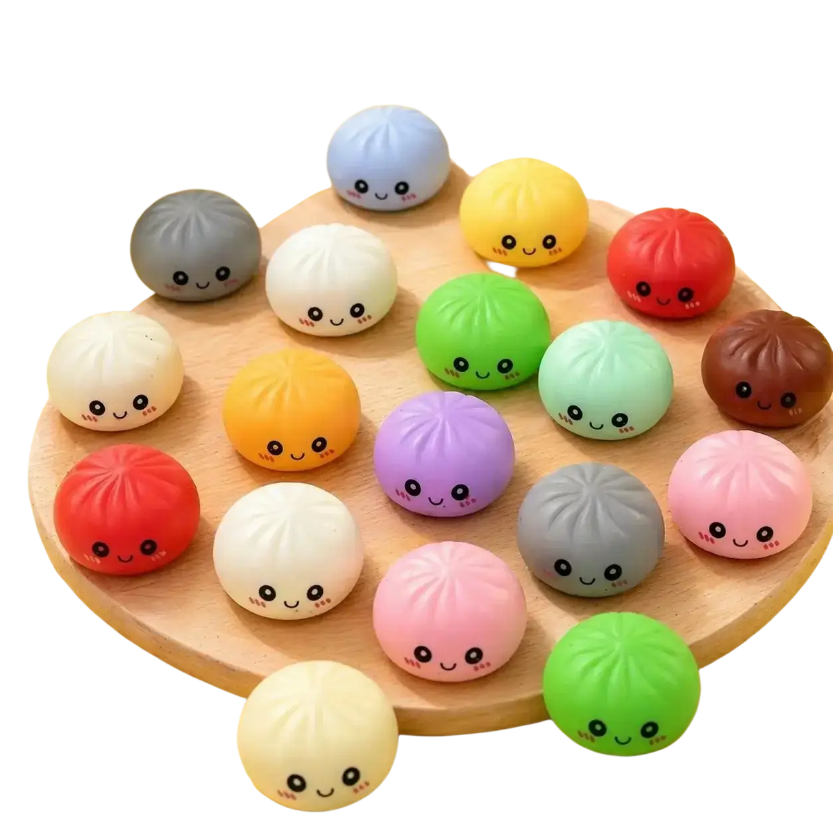 A collection of colorful pastel and vibrant dumpling squishies stress balls in a 24 pcs advent calendar set