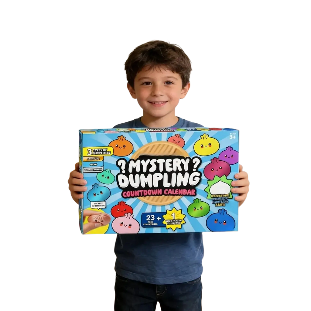 Colorful cartoon-themed dumpling squishies advent calendar box with 24 vibrant mystery dumpling designs countdown