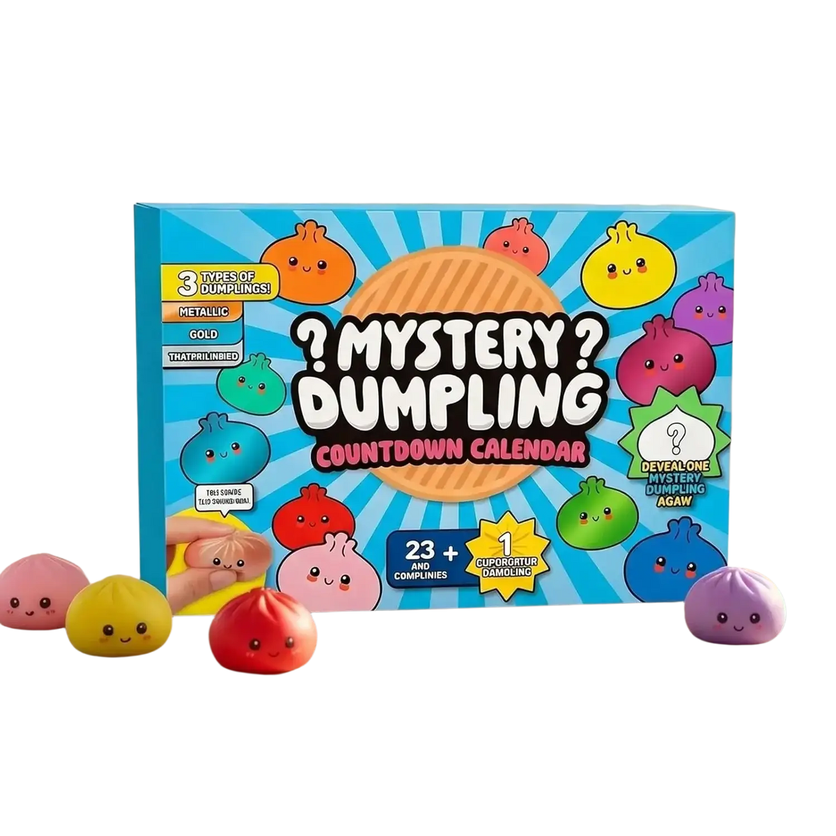 Colorful plush dumpling squishies advent calendar with metallic gold and vibrant rainbow hues 24 pcs countdown set