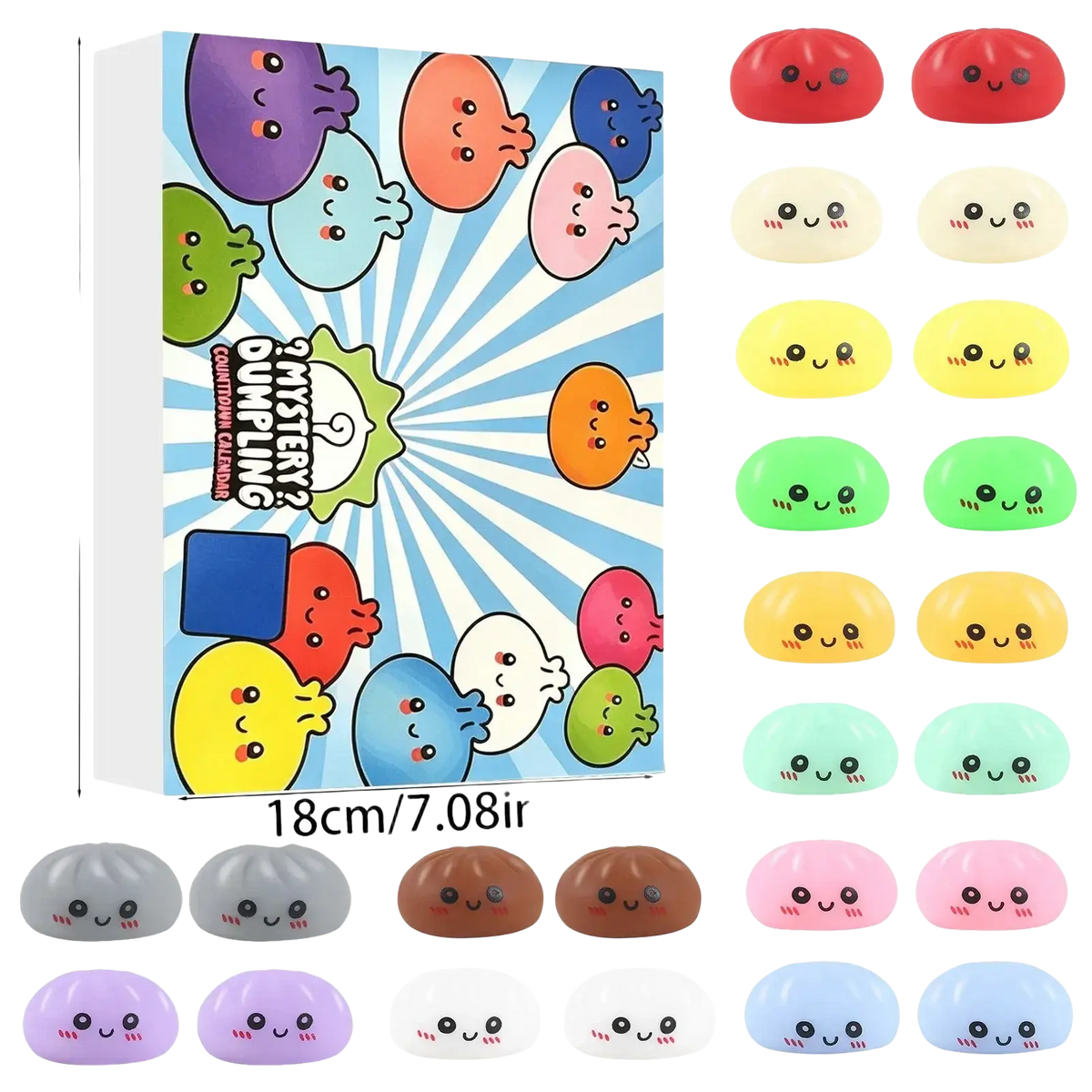 A colorful set of 24 cute dumpling squishies in assorted pastel and vibrant hues for stress relief and fun