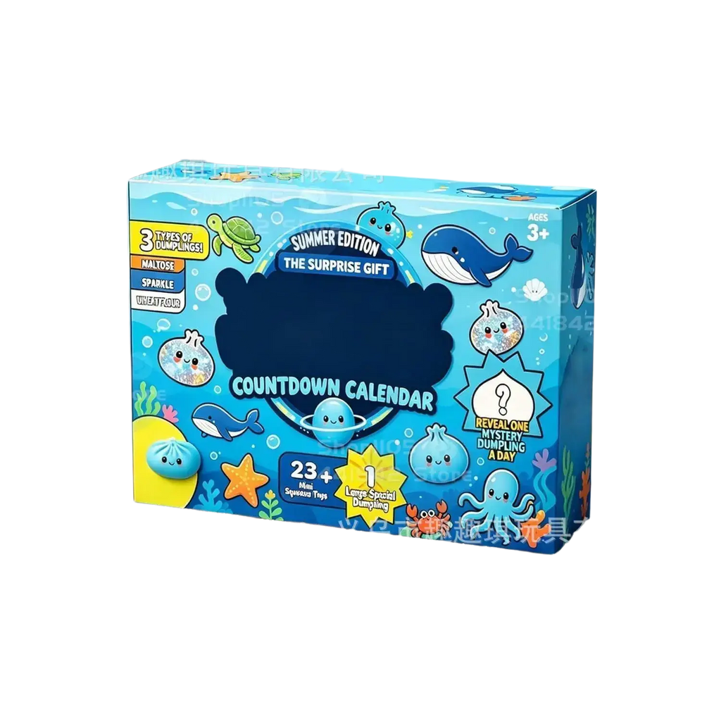 Blue cardboard dumpling squishy advent calendar featuring summer ocean theme with cartoon whales turtles and squishy toys
