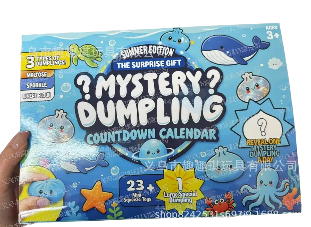 Blue cardboard dumpling squishy advent calendar with sea creatures includes 3 dumpling types and squishy toys