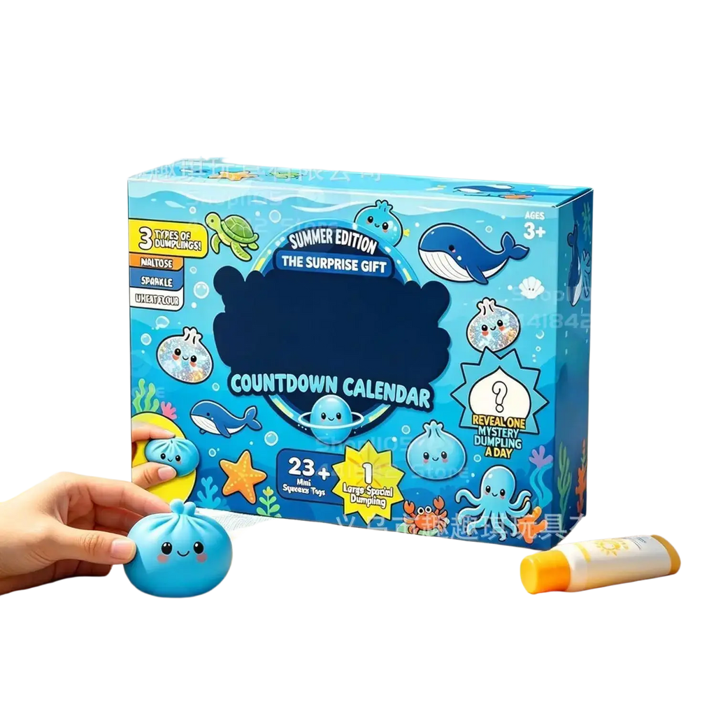 Blue cartoon-themed dumpling squishy advent calendar box with ocean and sea creature illustrations for squishy toys