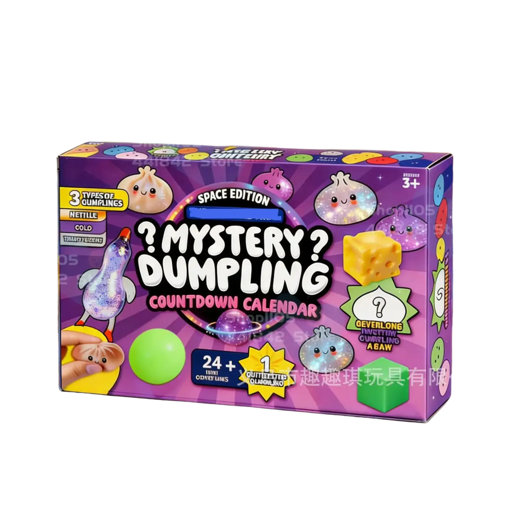 Purple boxed space edition advent calendar featuring cartoonish glittery dumpling squishy toys in various colors and designs