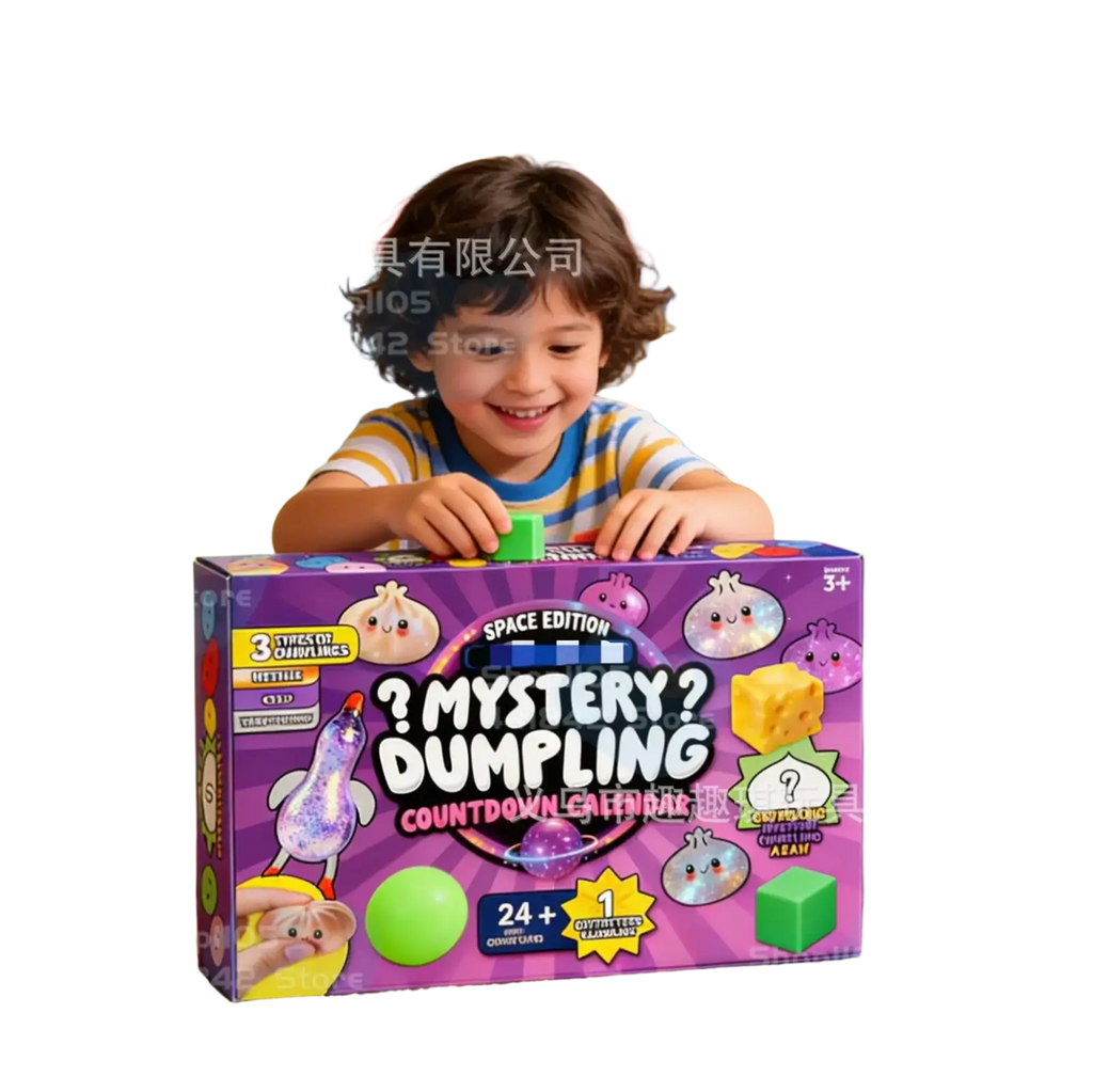 Purple space edition mystery dumpling squishy advent calendar box with cartoon dumplings and space-themed graphics