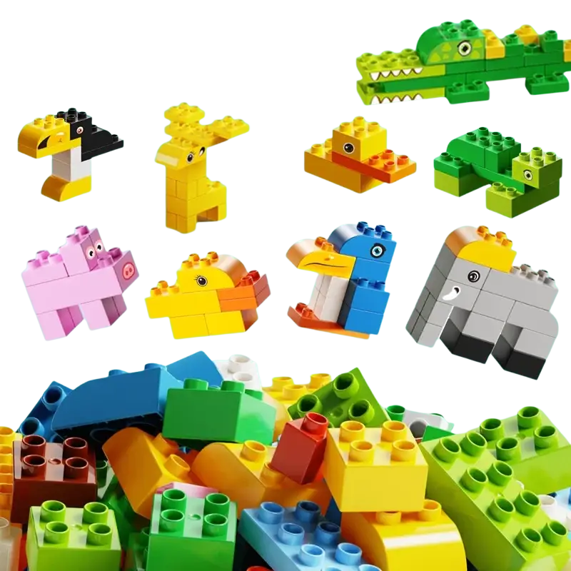 Brightly colored Duplo compatible bulk plastic building blocks in assorted shapes and sizes for kids creative play