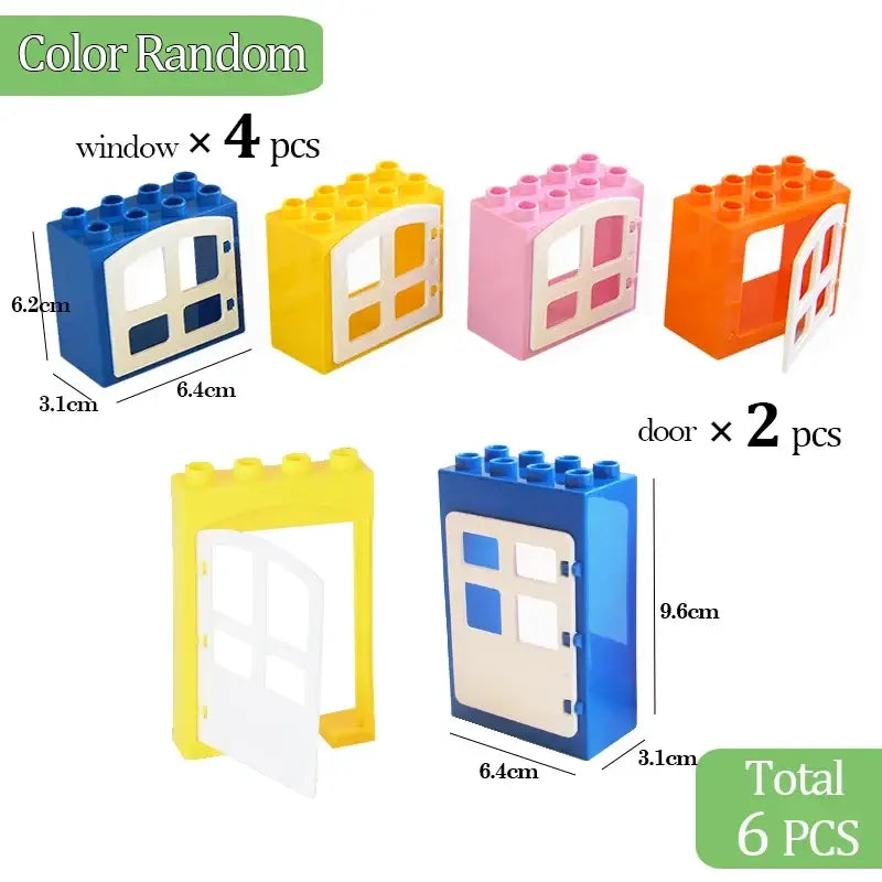 Duplo compatible bulk plastic building blocks with color-random window and door pieces featuring white frames
