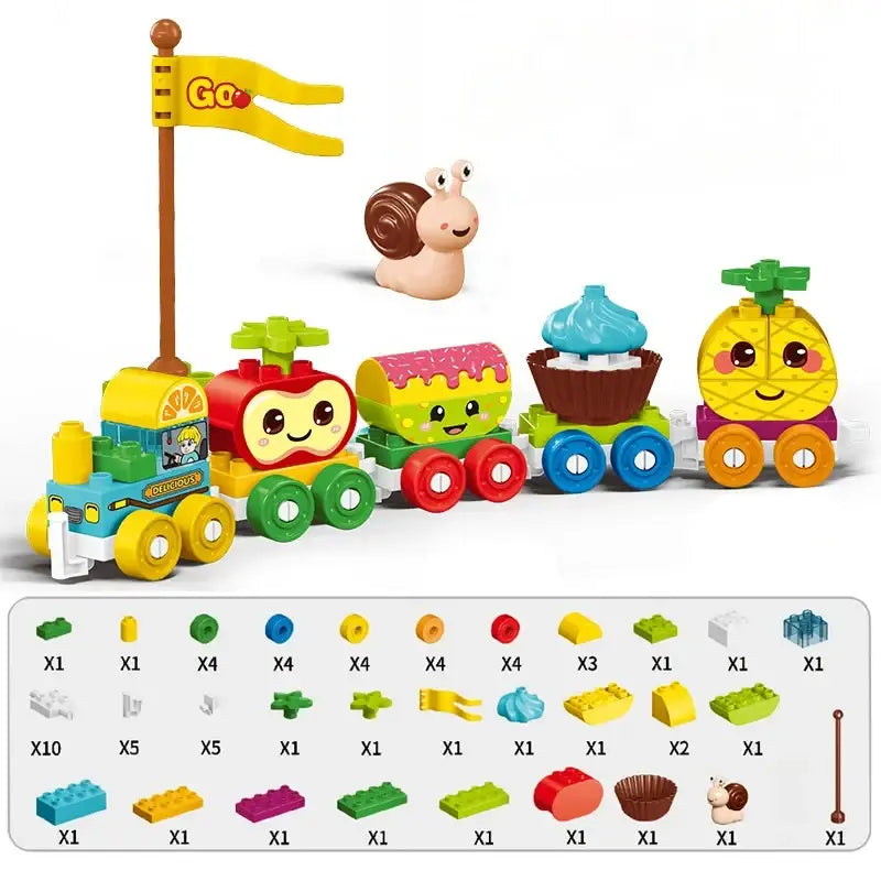 Colorful Duplo compatible bulk building blocks train set with smiling orange engine and food-themed plastic carriages for kids