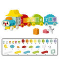 Colorful plastic Duplo compatible toy train set with numbered carriages and clown-faced engine for kids building blocks