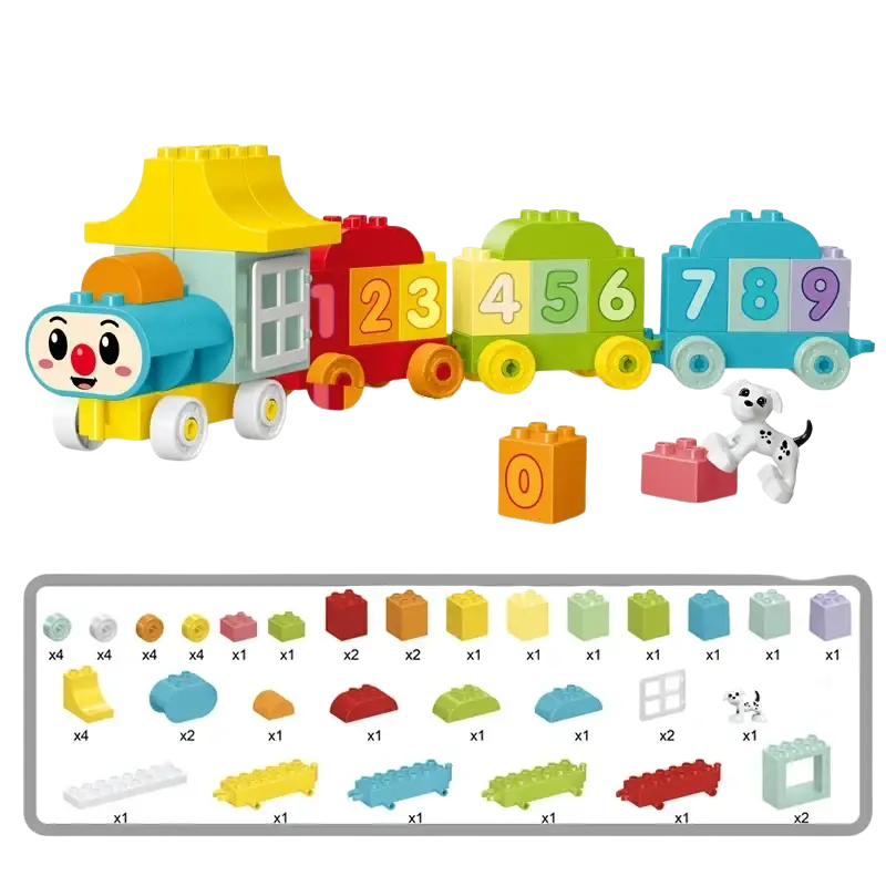 Colorful plastic Duplo compatible toy train set with numbered carriages and clown-faced engine for kids building blocks
