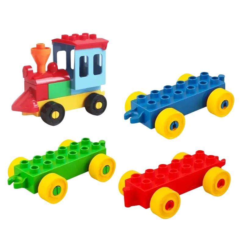 Colorful Duplo compatible plastic train engine and three cars with bright yellow wheels and interlocking block design