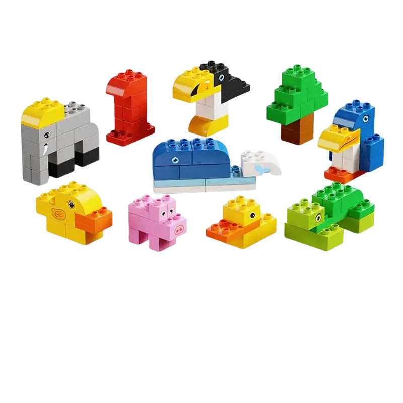 A colorful set of 88 big-size lego duplo compatible animal and tree building blocks in vibrant primary and secondary colors
