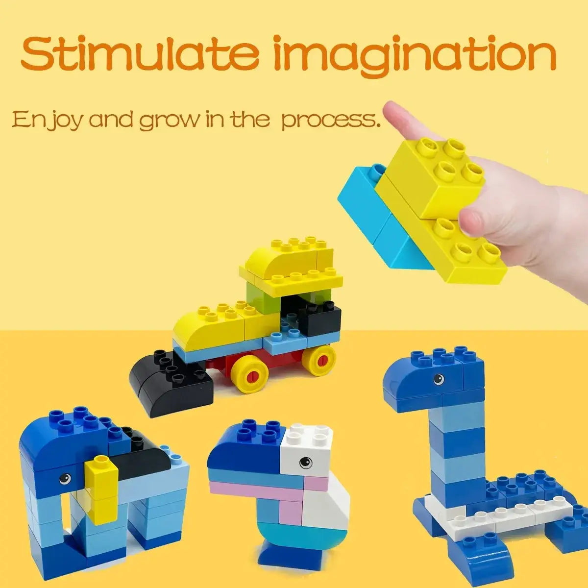 A hand holds a yellow and blue duplo compatible bulk building block above colorful assembled animal models