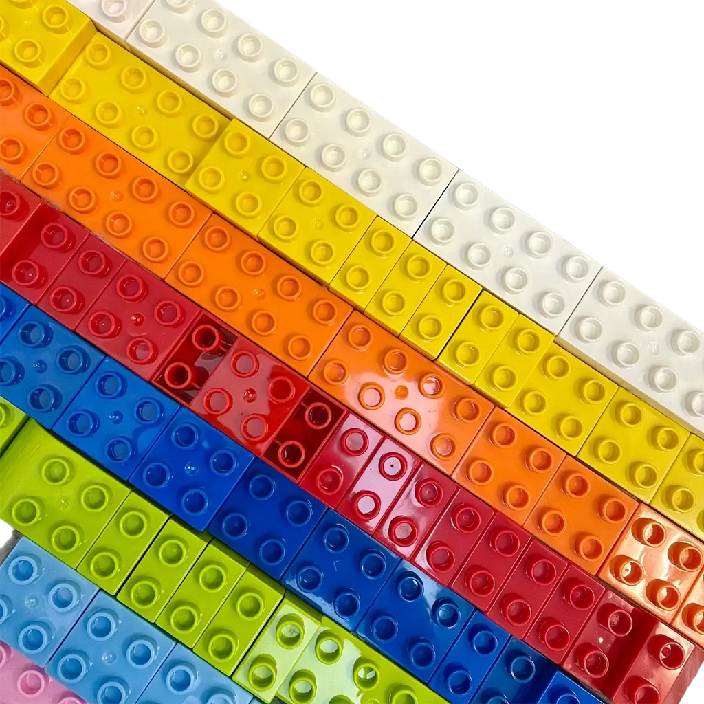 Duplo compatible bulk building blocks for kids rainbow colored plastic lego bricks arranged in diagonal rows
