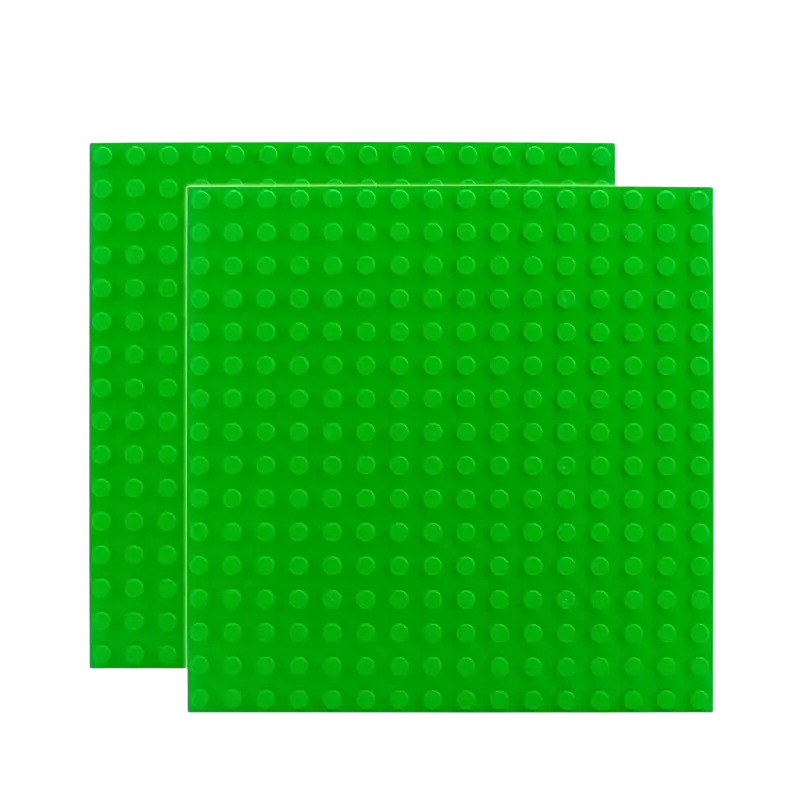 Two bright green duplo compatible lego baseplates with 256 studs each for bulk building blocks for kids