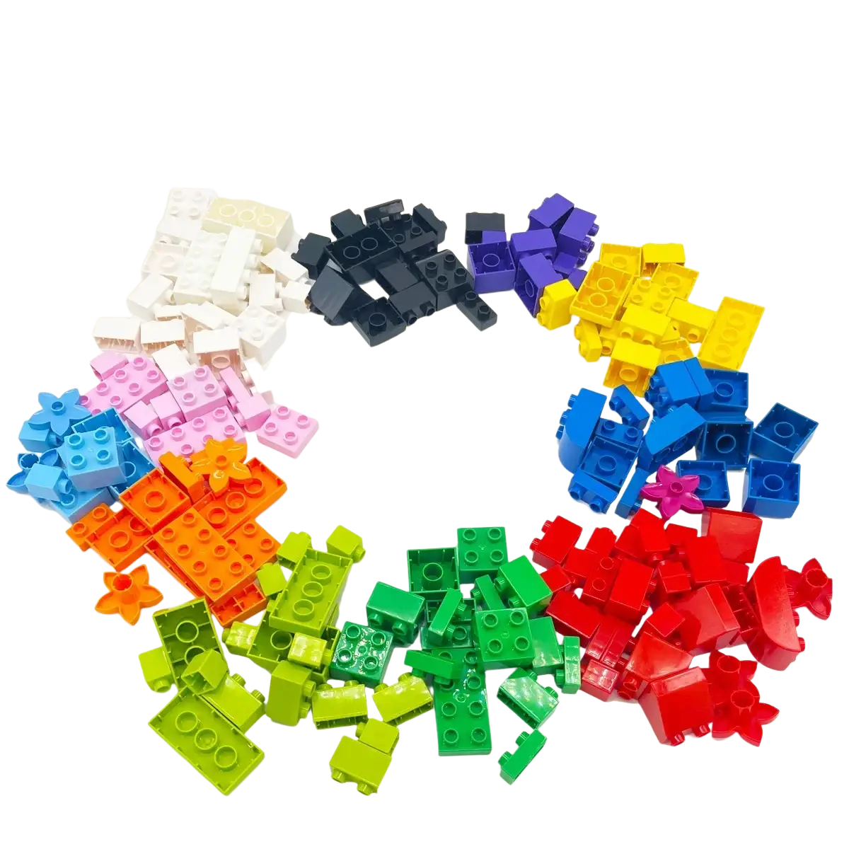 A vibrant assortment of colorful plastic Duplo compatible bulk building blocks in various shapes for kids