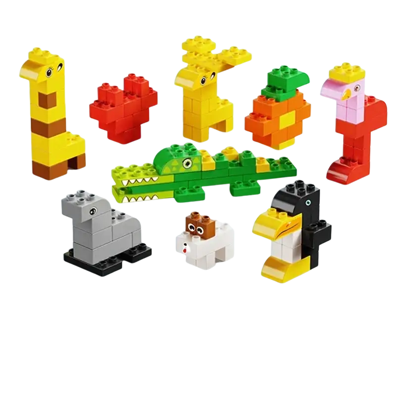 A vibrant green Duplo compatible bulk building block crocodile with sharp white teeth and black eyes for kids