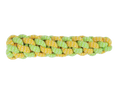A durable cotton rope dog toy braided with lime green and yellow polka-dotted rope, 14cm long for chew and play