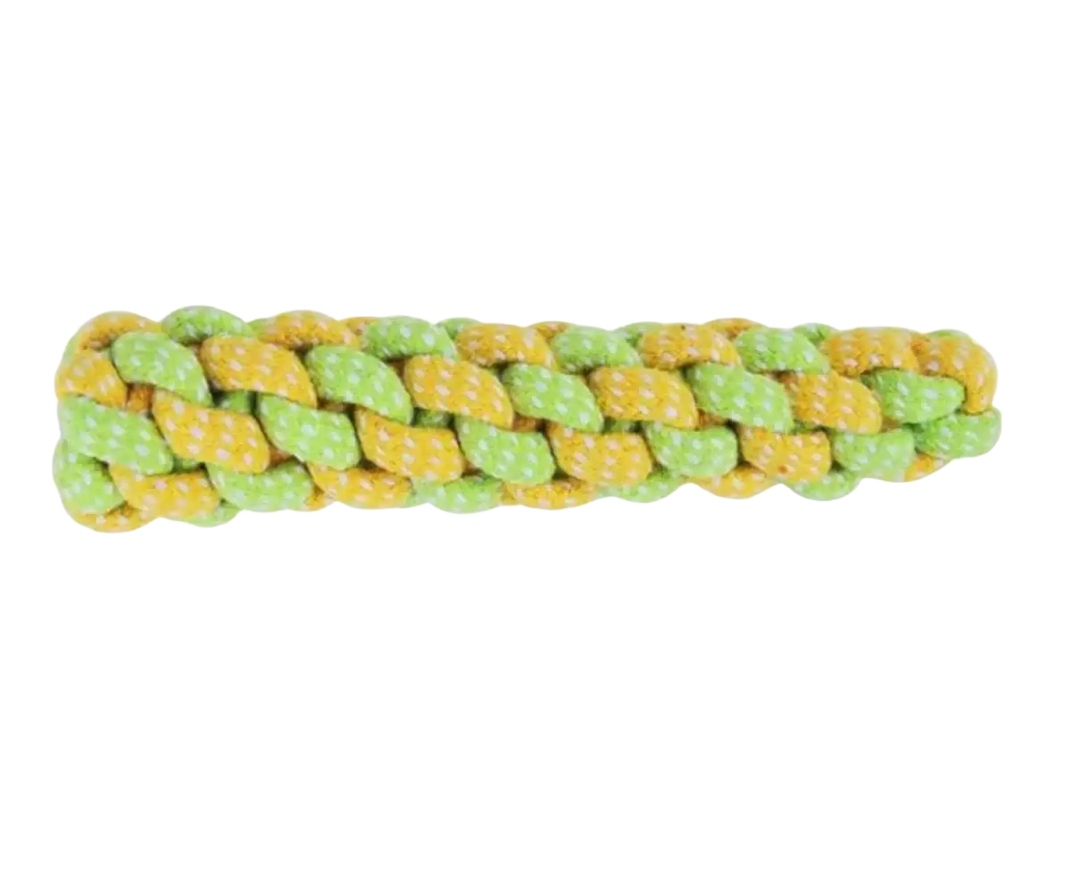 A durable cotton rope dog toy braided with lime green and yellow polka-dotted rope, 14cm long for chew and play