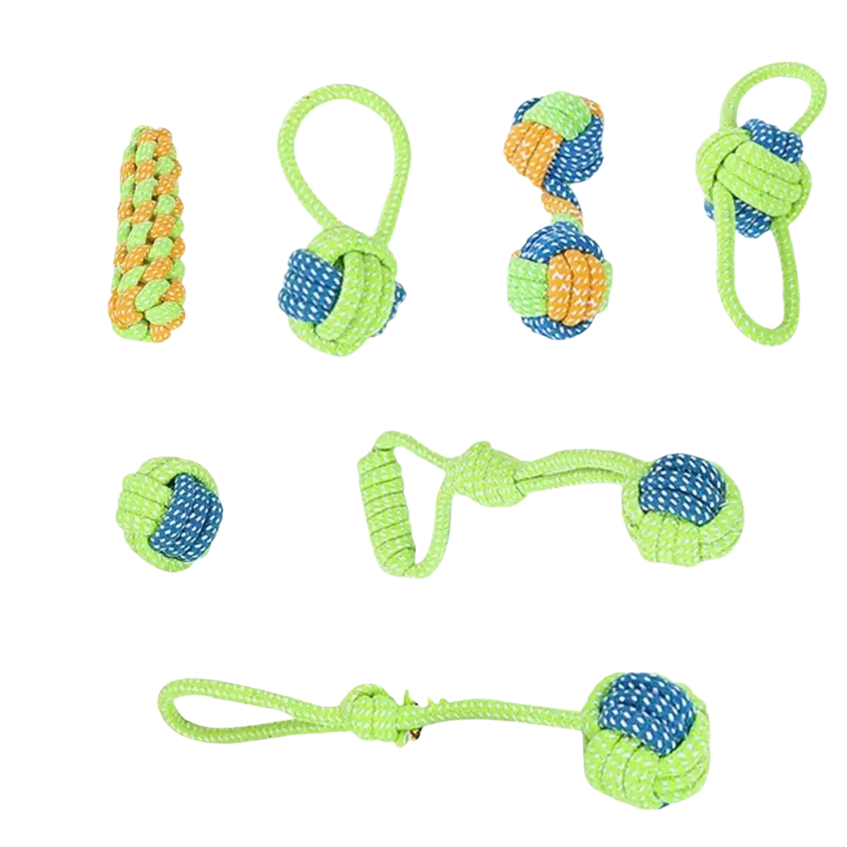 Durable cotton rope dog toys in bright green and blue braided design with knotted handles for chew and play