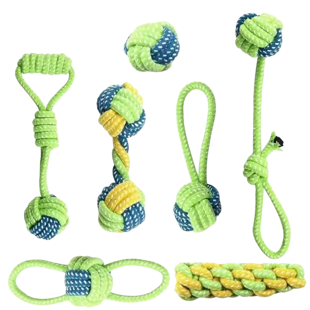 Bright green and blue durable cotton rope dog toys with knotted designs for chew and play activities