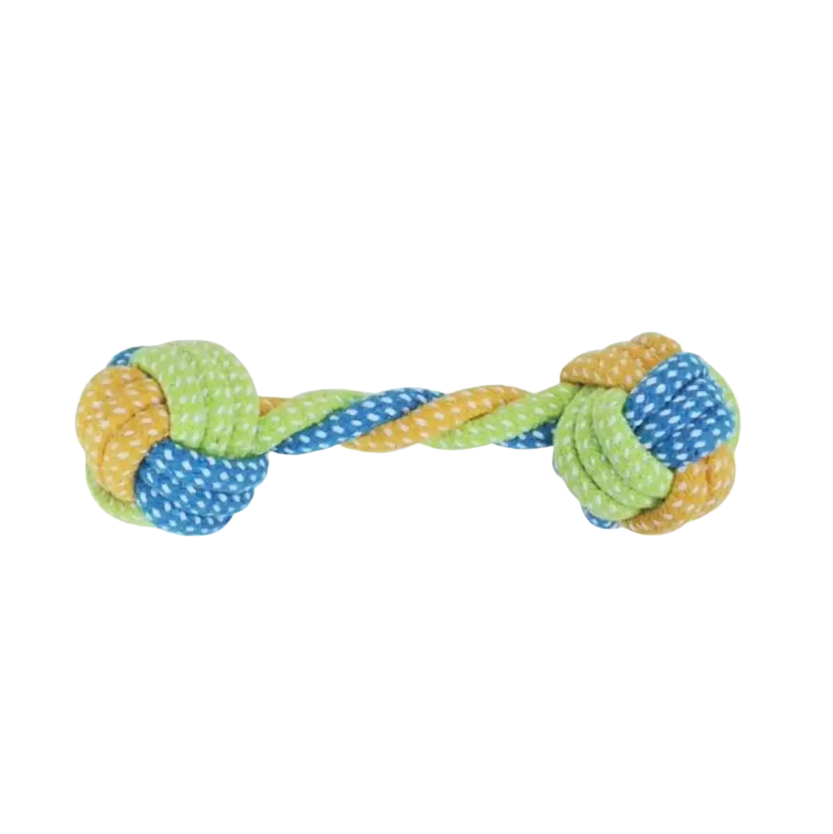 Durable cotton rope dog toy 18cm with blue and green knotted ends ideal for chew and play activities