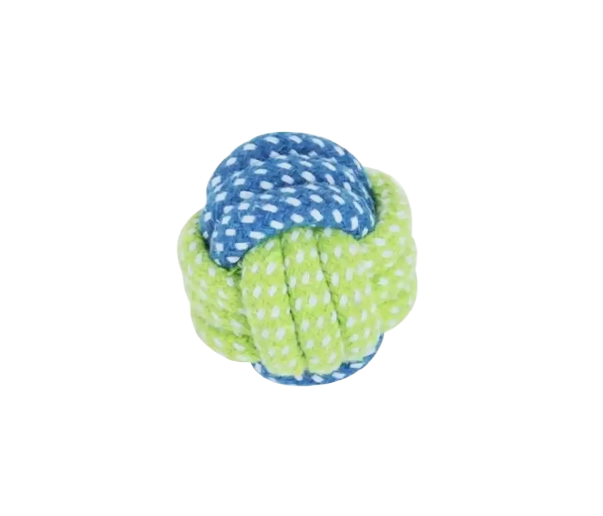 Durable cotton rope dog toys knotted ball with blue lime green fabric and white polka dots for chew and play