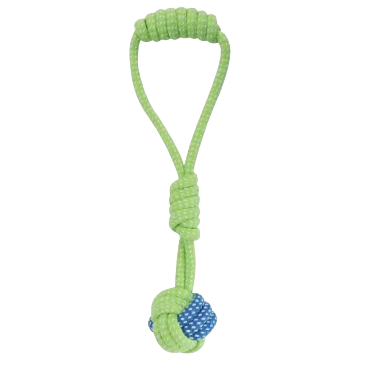 Durable cotton rope dog toys featuring a lime green knotted handle and blue polka-dotted knot for chew and play