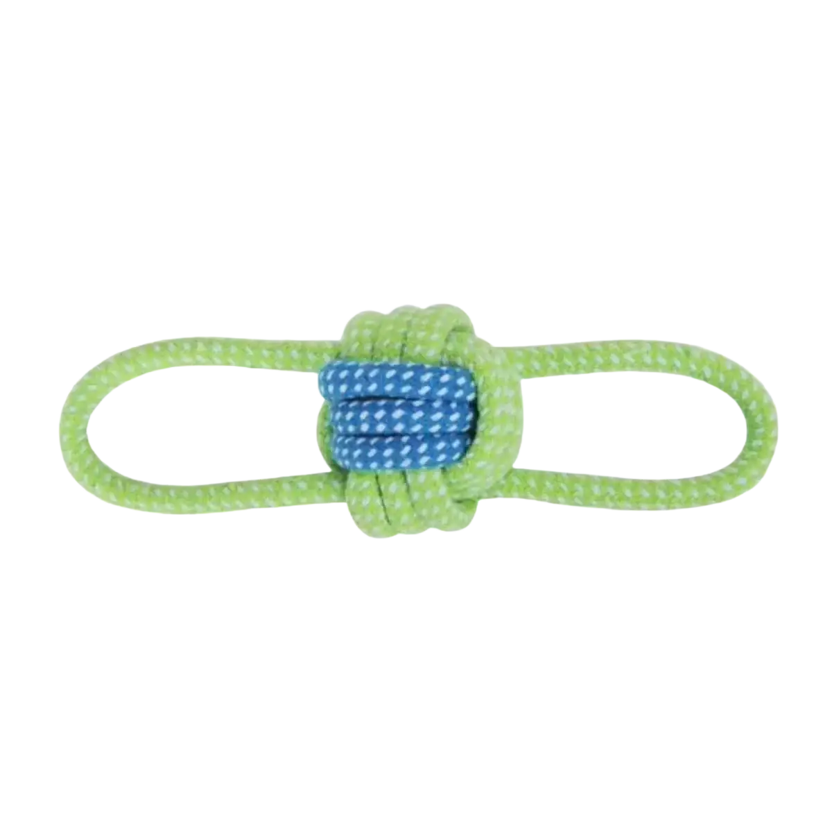 Durable cotton rope dog toy in lime green with a blue and white polka-dotted knot for chew and play