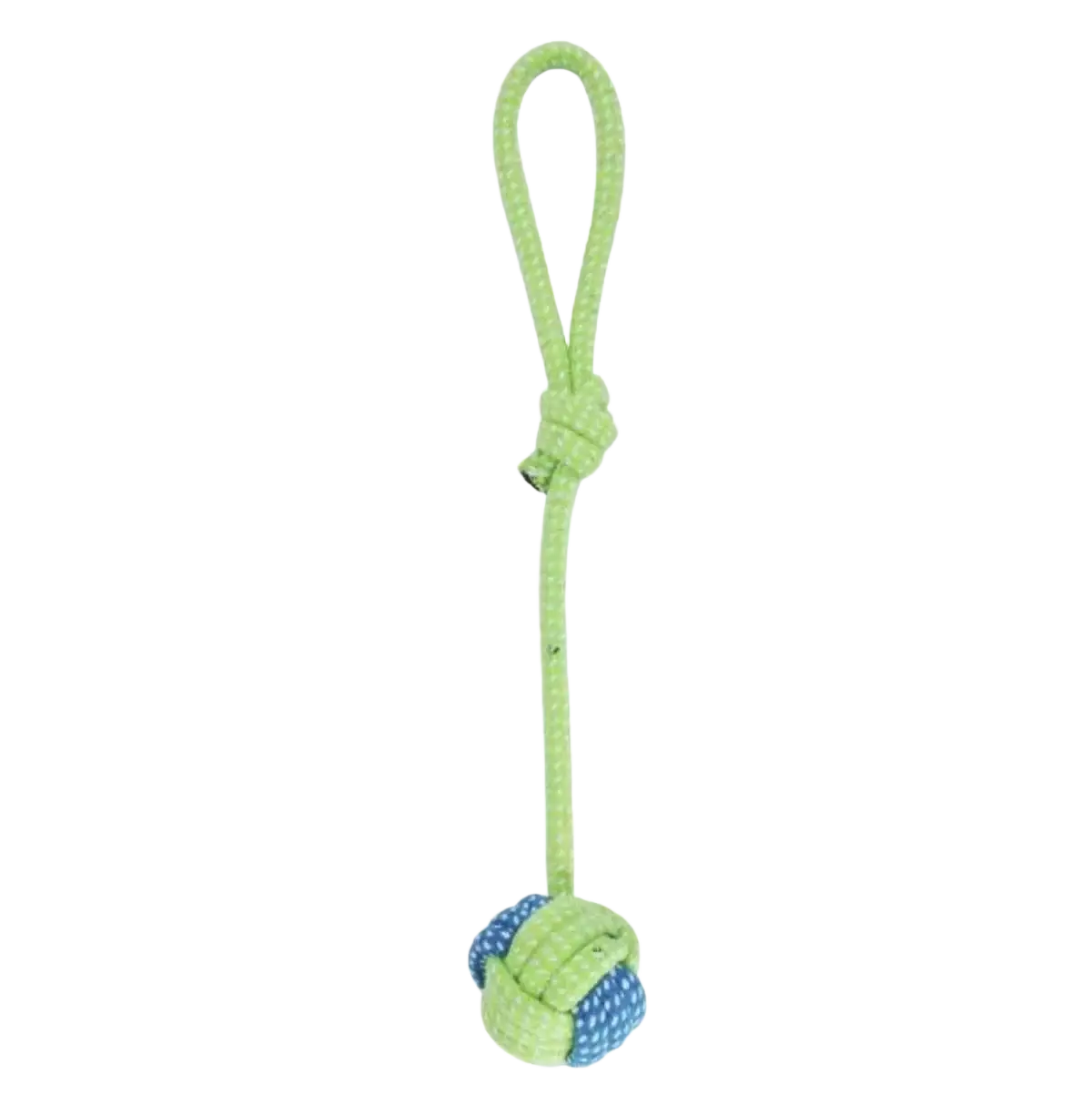 Durable cotton rope dog toy in lime green and blue with a loop handle, 32cm long for chew and play
