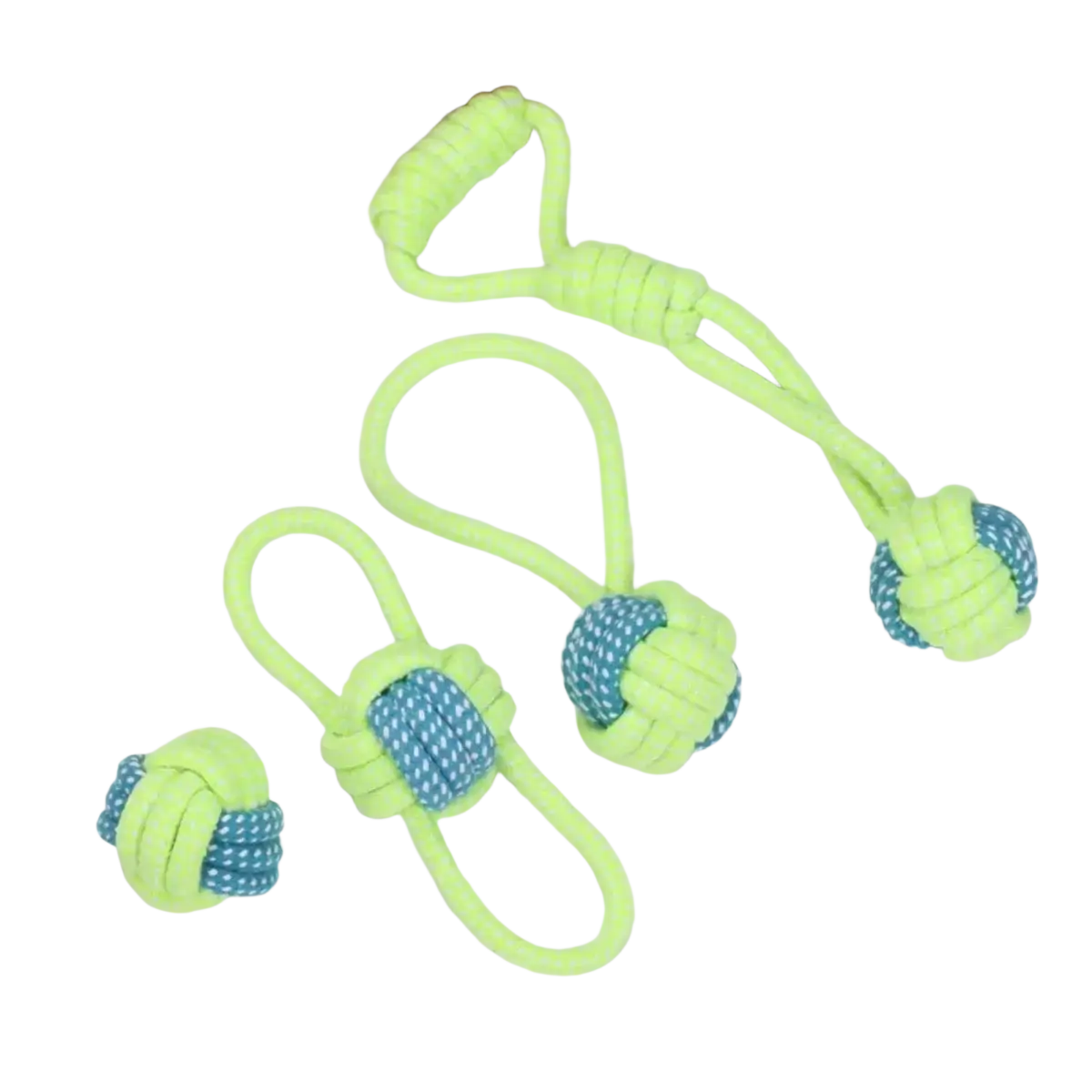 Set of three durable cotton rope dog toys in neon green and blue with knots and loop handles for chew and play
