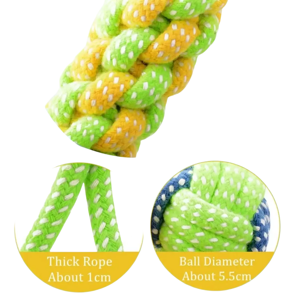 A vibrant green and yellow polka-dotted durable cotton rope dog toy for chew and play with a thick texture