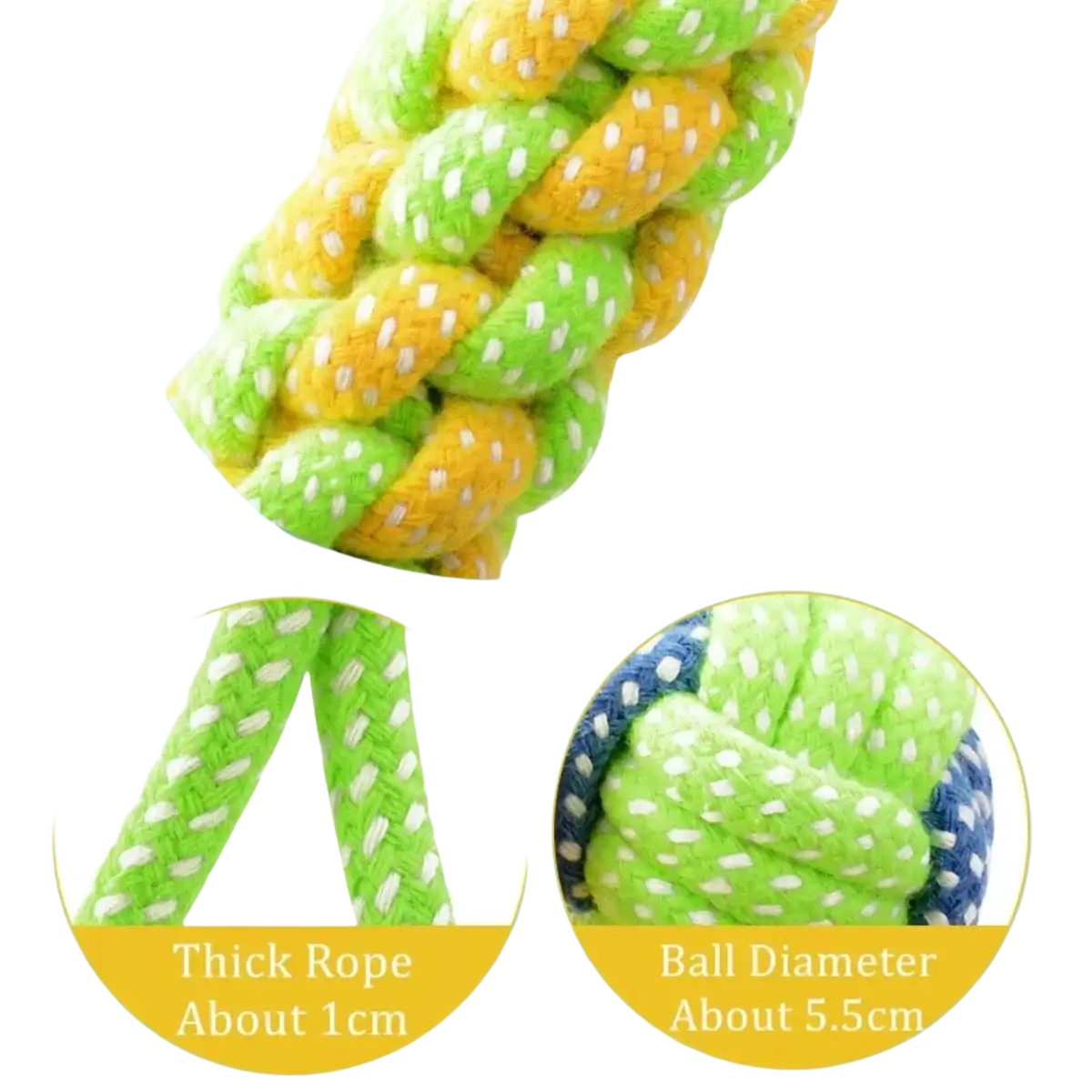 Durable cotton rope dog toy in vibrant green and yellow polka dots with a thick texture for chew and play