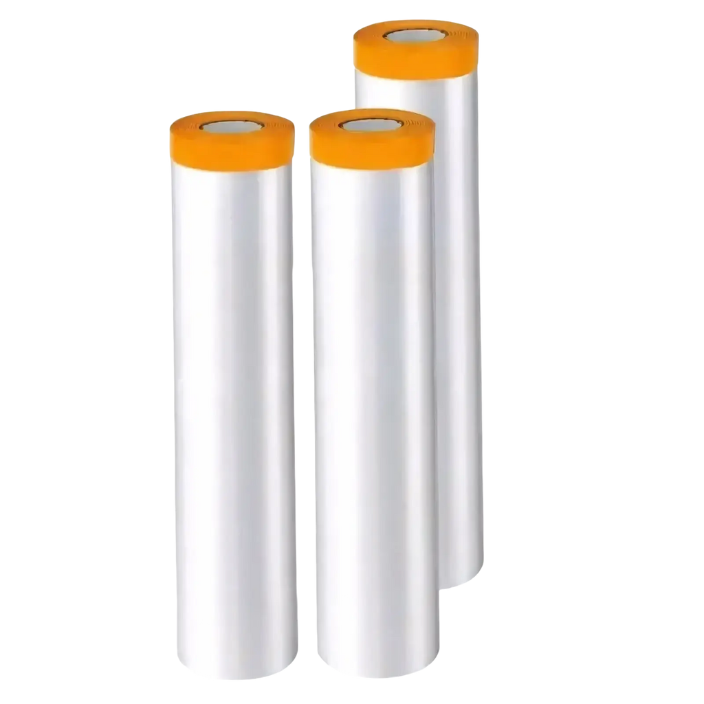 Three rolls of clear dustproof furniture protection film with bright orange caps for durable plastic covering